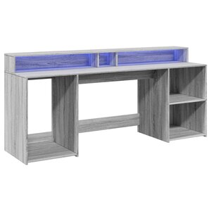 Bureau table poste de travail meuble d'ordinateur informatique étude et lumières LED sonoma 200 x 55 x 91 cm bois ingénierie gris 02_0023811