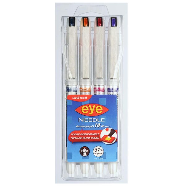 Etui de 4 Rollers encre liquide EYE UB187S/4- moyenne 0 7mm Bleu/Noir Orange Violet Pourpre UNI-BALL