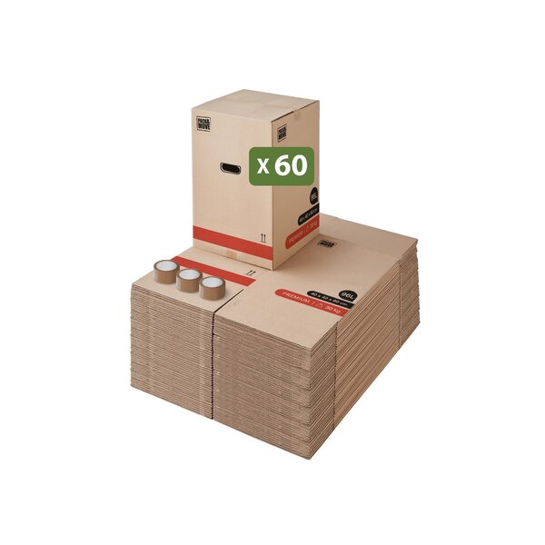 Pack and Move - Lot 60 Cartons Déménagement Premium - 40 X 40 X 60 Cm - Résistance 30 KG - Double Épaisseur - Poignées Renforcées - 3 Adhésifs Offerts