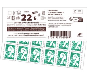 Carnet 12 timbres Marianne - Abonnements - Lettre Verte - Catalogue Philaposte