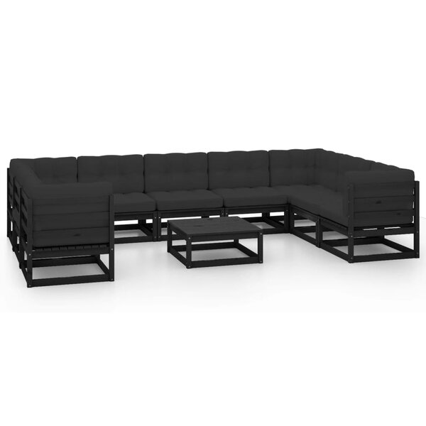 vidaXL Salon de jardin 10 Pièces avec coussins Noir Bois de pin massif