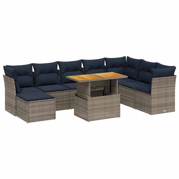 vidaXL Salon de jardin 9 Pièces avec coussins gris résine tressée