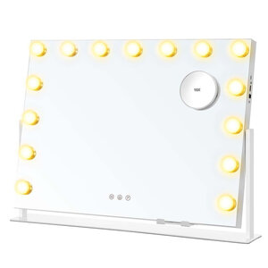 Miroir coiffeuse contrôle tactile 15 ampoules LED ports de charge miroir grossissant détachable 10x 3 températures de couleur support de téléphone 58 x 43 cm blanc mat 12_0006596