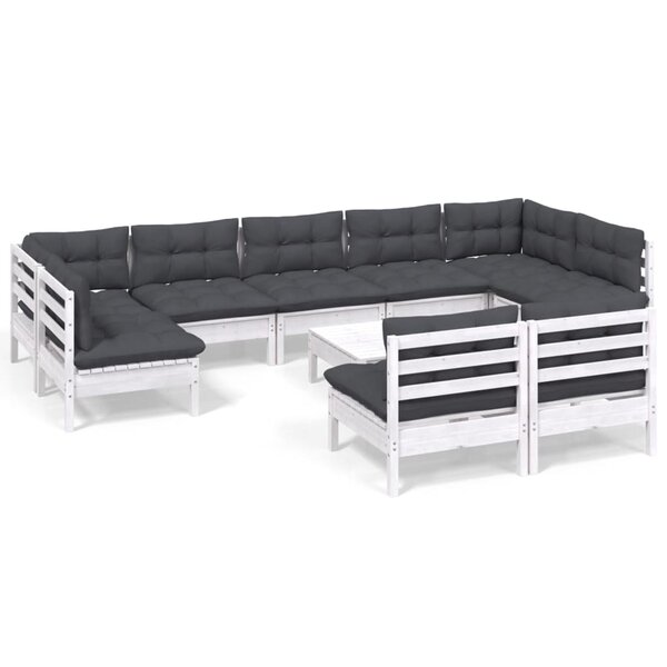 vidaXL Salon de jardin 10 Pièces avec coussins blanc bois de pin massif