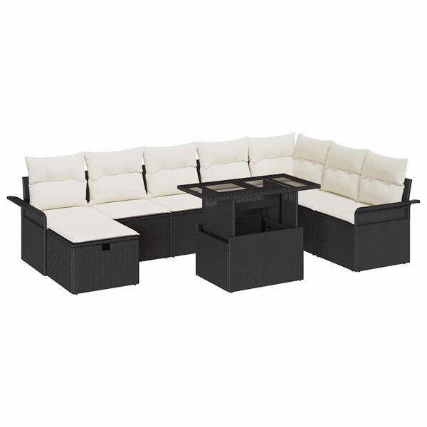 vidaXL Ensemble de canapé de jardin avec coussin 9 Pièces Noir Poly rotin