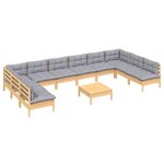vidaXL Salon de jardin 11 Pièces avec coussins gris Bois de pin solide