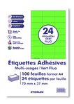 100 planches a4 - 24 étiquettes 70 mm x 37 mm autocollantes fluo vert par planche pour tous types imprimantes - jet d'encre/laser/photocopieuse fba amazon