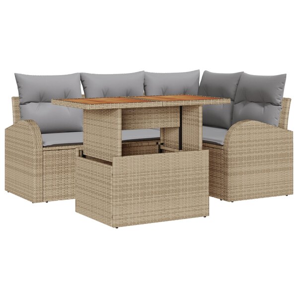 vidaXL Ensemble de Salle à Manger de Jardin en 5 Pièces avec Coussins Beige Rattan Poly Acacia