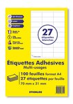 100  planches a4 - 27 étiquettes 70 mm x 31 mm autocollantes blanche par planche pour tous types imprimantes - jet d'encre/laser/photocopieuse