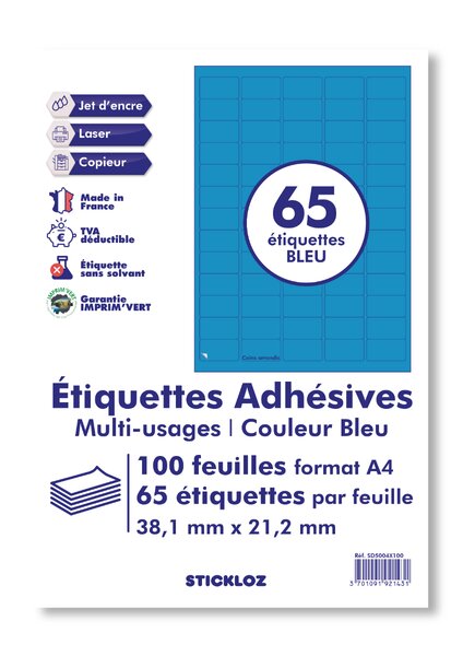 100 planches a4 - 65 étiquettes 38,1 mm x 21,2 mm autocollantes bleu par planche pour tous types imprimantes - jet d'encre/laser/photocopieuse