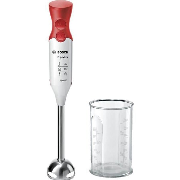 Bosch mixeur plongeant - 450 watt - pied mixeur inox - 4 lames aiguisées - 2 vitesses - bol gradué 600 ml - blanc/rouge