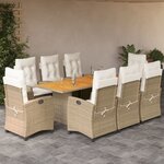 vidaXL Ensemble à manger de jardin et coussins 9 Pièces beige Poly rotin