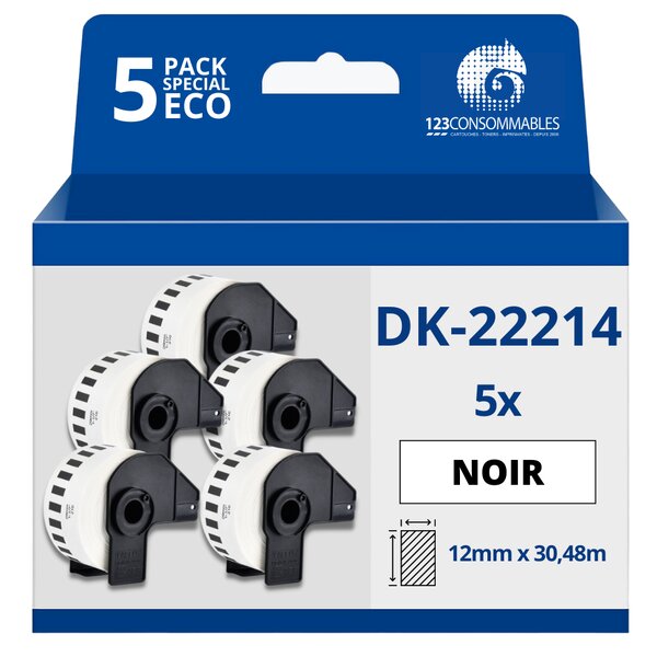 Pack de 5 Rouleaux Étiquettes compatible BROTHER DK-22214 - Largeur 12 mm x 30 48 m