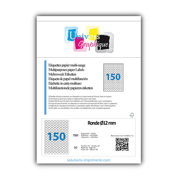 Lot de 50 planches a4 de 150 étiquettes à bords vifs rondeø12mm mm en papier blanc 70g/m² multifonction