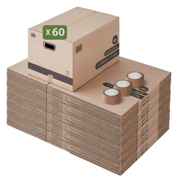 Pack and Move - Lot 60 cartons déménagement L larges - 40 x 60 x 40 cm - Poignées renforcées - 3 adhésifs offerts