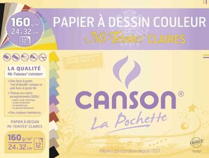 Pochette de 12 Feuilles Papier dessin Mi-teintes 240 x 320 mm 160g Assorti Clair CANSON