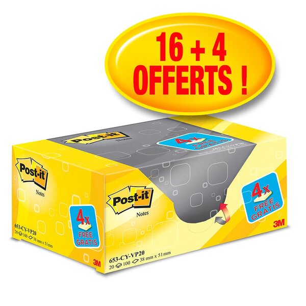 Pack Avantage de 20 Blocs de notes adhésives Classiques - 38 x 51 mm - Couleur : Jaune (paquet 20 blocs)