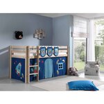 PINO  Lit Compact Pin Massif Naturel + Rideau de lit Astro + 3 Pochettes Astronaute