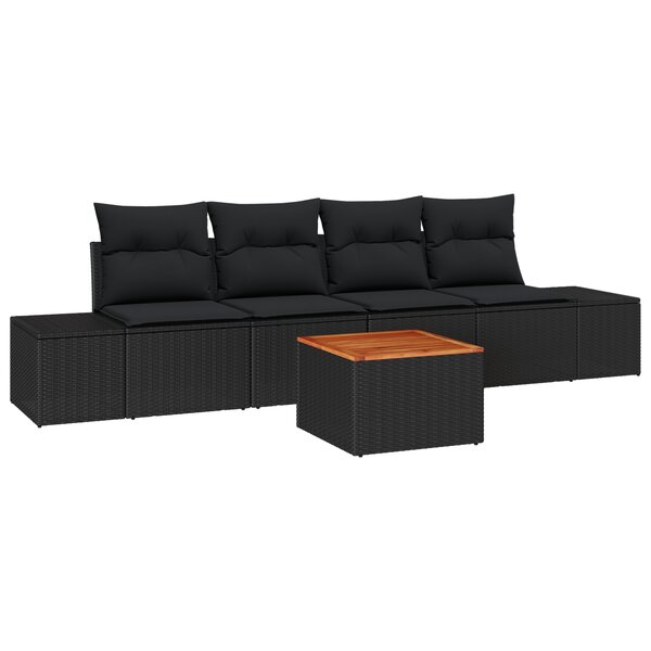 vidaXL Set de canapé de jardin 5 pièces avec des coussins en rattan poly noir et en acacia