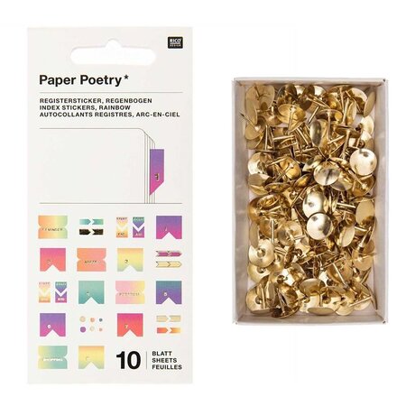 10 feuilles d'autocollants registre pastel + 150 punaises dorées