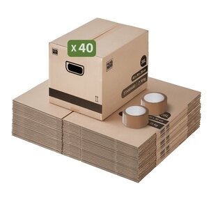 Pack and Move - Lot 40 cartons déménagement stockage livres - 40 x 30 x 30 cm - Poignées renforcées - 2 adhésifs offerts