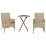 vidaXL Ensemble de bistro avec coussins 3 Pièces beige rotin et verre