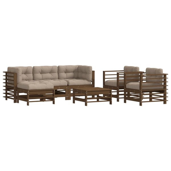 vidaXL Salon de jardin 7 Pièces avec coussins marron miel bois massif
