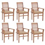 vidaXL Chaises à manger lot de 6 et coussins beige Bois de teck solide