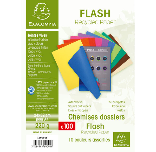 Paquet de 100 chemises FLASH 220 100% recyclé 24x32cm Couleurs assorties EXACOMPTA