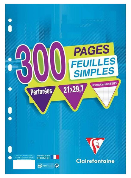 Clairefontaine 300 Feuilles Simples Perforées A4 21x29,7 Grands Carreaux Seyes (lot de 3)