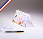 Carte double gourmandiz créée et imprimée en france sur papier certifié pefc - félicitations pour le bébé - cigogne