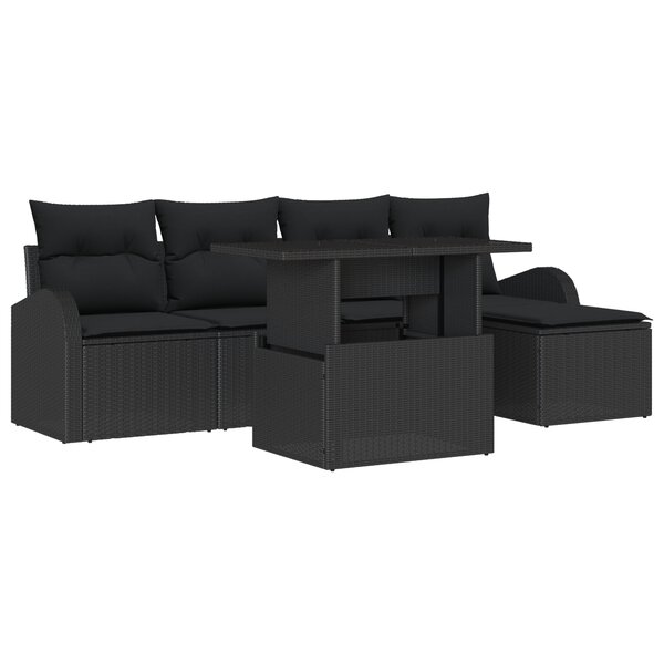 Ensemble de Canapé de Jardin de 6 Pièces avec Coussins Noir Rattan Poly