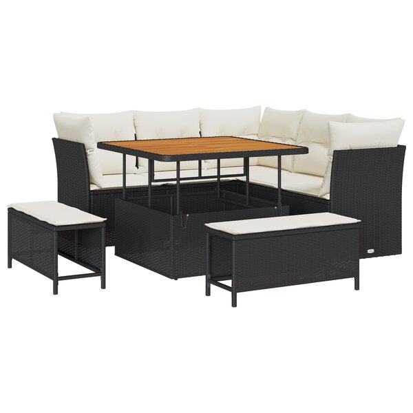 vidaXL Set de canapés de jardin 8 pièces avec des coussins en poly rotin noir et acacia.