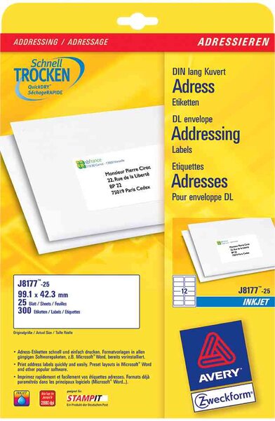 Etiquettes adresses jet d'encre, 63,5 x 38,1 mm, blanc avery zweckform
