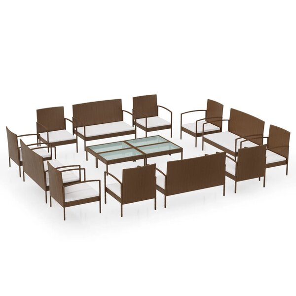 Salon de jardin meuble d'extérieur ensemble de mobilier 16 pièces avec coussins résine tressée marron 02_0015877