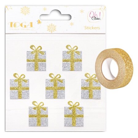 Stickers cadeaux dorés & argentés + masking tape doré à paillettes 5 m