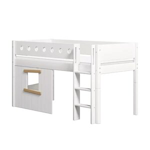 Flexa WHITE Lit mi-hauteur avec echelle droite 90 x 200 cm Facades cabane cadre chene Barriere de securite classique Blanc et chene