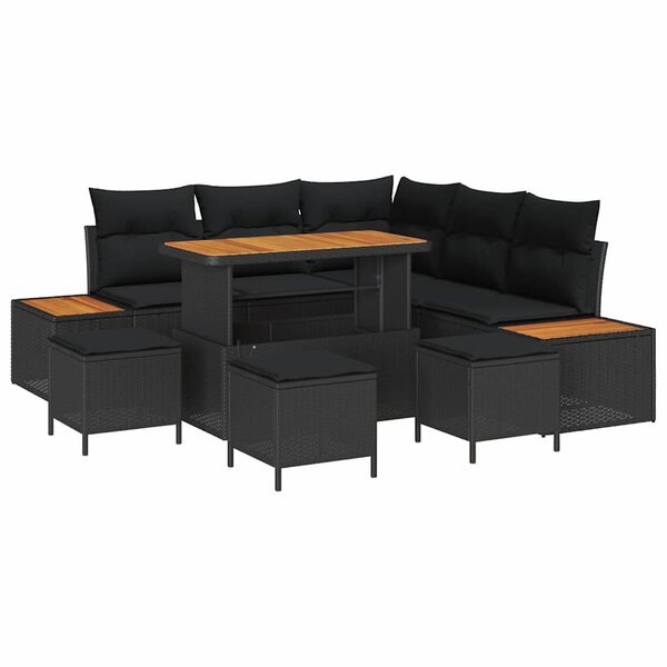 vidaXL Ensemble de canapé de jardin avec coussin 9 Pièces Noir Poly rotin