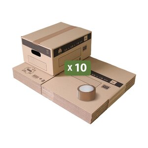 Pack and Move - Lot 10 Cartons Déménagement Stockage S - 36 x 28 x 18 cm - Poignées renforcées - 1 adhésif offert