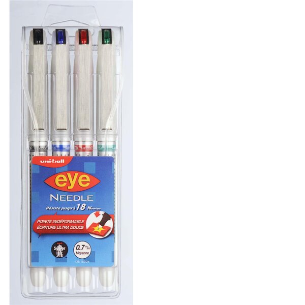 Etui de 4 Rollers encre liquide EYE UB187S/4 Pte aiguille Moy. 0,7mm multicolore UNI-BALL