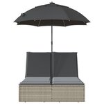 vidaXL Chaise longue double avec coussins et parasol gris clair rotin