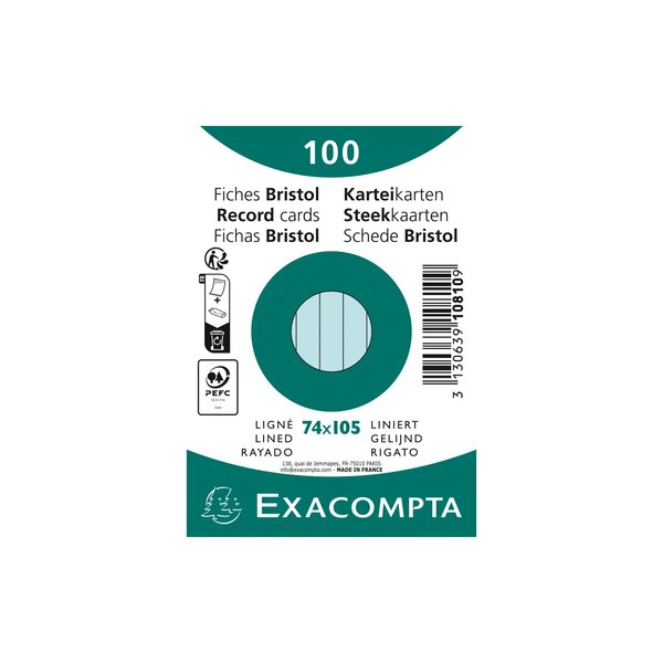 Paquet 100 Fiches Sous Film - Bristol Ligné Non Perforé 74x105mm - Bleu Ciel - X 40 - Exacompta