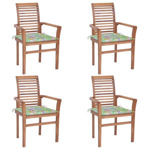 vidaXL Chaises à dîner 4 Pièces et coussins motif de feuilles Teck solide