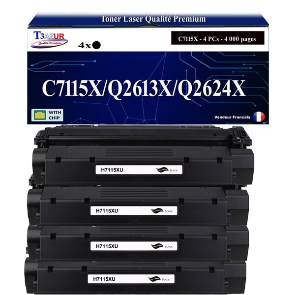 T3AZUR -4x Toners compatibles avec HP C7115X pour LaserJet 1000  1005  1200  1200N  1200SE  1220  1220SE  3300  3310 MFP  3320 MFP  3320N MFP  3330 MFP  3380