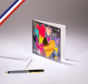 Carte double all you need is love créée et imprimée en france sur papier certifié pefc - cœurs multicolores et multi-motifs