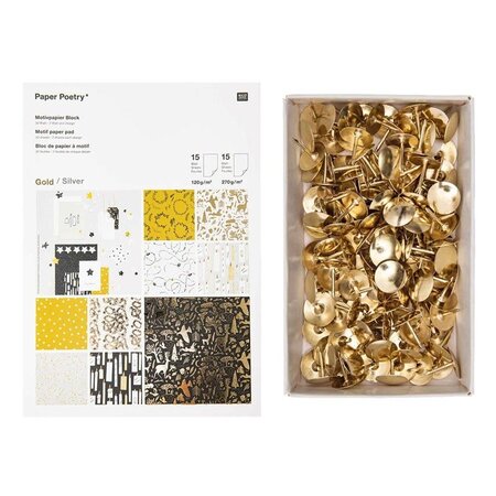 30 feuilles de papier or et argent Noël Nostalgique + 150 punaises dorées