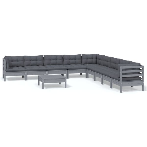 vidaXL Salon de jardin 10 Pièces avec coussins Gris Bois de pin solide