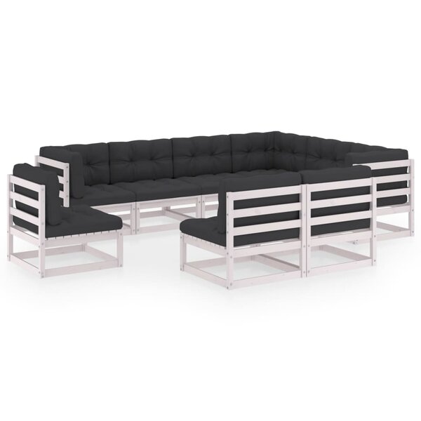 vidaXL Salon de jardin 9 Pièces avec coussins Blanc Bois de pin massif