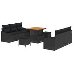 Ensemble de Canapés de Jardin 9 pièces avec Coussins Noir Rattan Poly Acacia