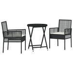 Ensemble de Bistro de Jardin 3 Pièces avec Coussins Noir en Poly Rattan